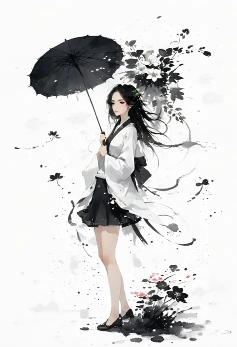 艺术Ink Painting，立体Ink Painting，Minimalism，Minimalism的图形，Minimal Art，Chinese anime girl，whole body，Chinese，，Ink Painting，Umbrella，...