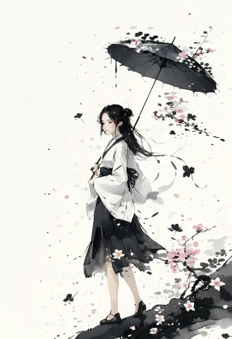 艺术Ink Painting，立体Ink Painting，Minimalism，Minimalism的图形，Minimal Art，Chinese anime girl，whole body，Chinese，，Ink Painting，Umbrella，...