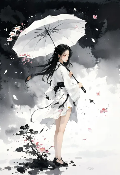 艺术Ink Painting，立体Ink Painting，Minimalism，Minimalism的图形，Minimal Art，Chinese anime girl，whole body，Chinese，，Ink Painting，Umbrella，...