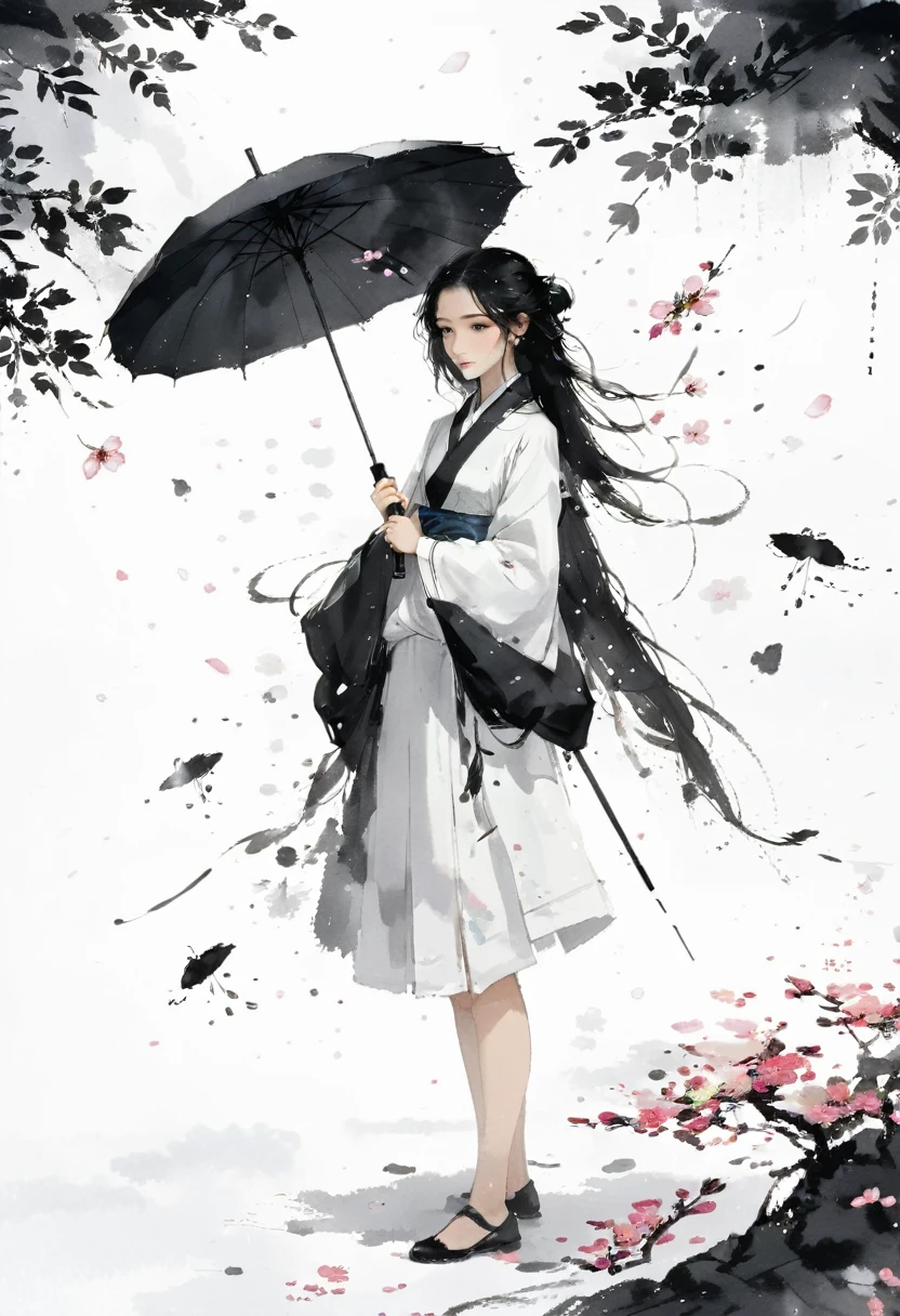 艺术Ink Painting，立体Ink Painting，Minimalism，Minimalism的图形，Minimal Art，Chinese anime girl，whole body，Chinese，，Ink Painting，Umbrella，Falling Flowers，Black long hair，Black and white background，古韵White space，White space，大面积White space，Textured Matte，Low saturation，Minimalism构图，Main Composition