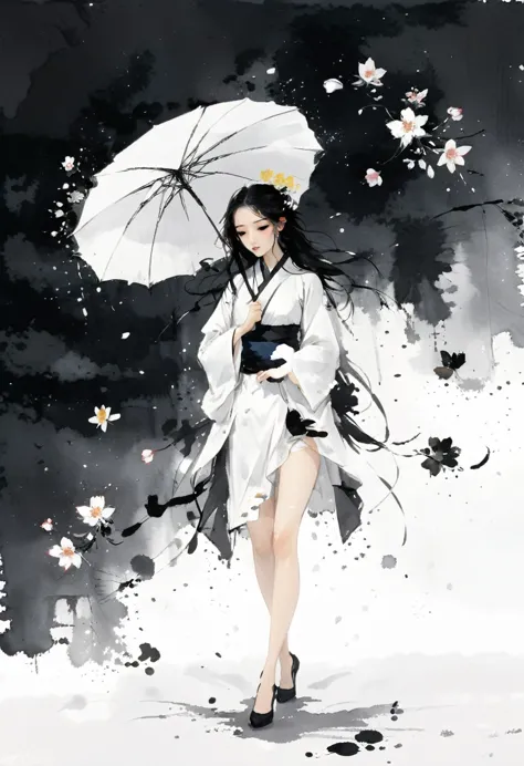 艺术ink painting，立体ink painting，minimalism，minimalism的图形，minimal art，chinese anime girl，whole body，chinese，，ink painting，umbrella，...