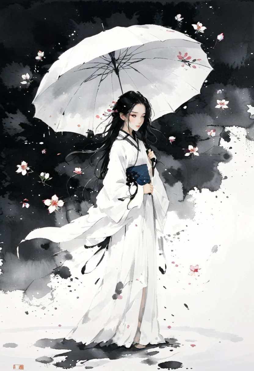 艺术Ink Painting，立体Ink Painting，Minimalism，Minimalism的图形，Minimal Art，Chinese anime girl，whole body，Chinese，，Ink Painting，Umbrella，Falling Flowers，Black long hair，Black and white background，古韵White space，White space，大面积White space，Textured Matte，Low saturation，Minimalism构图，Main Composition