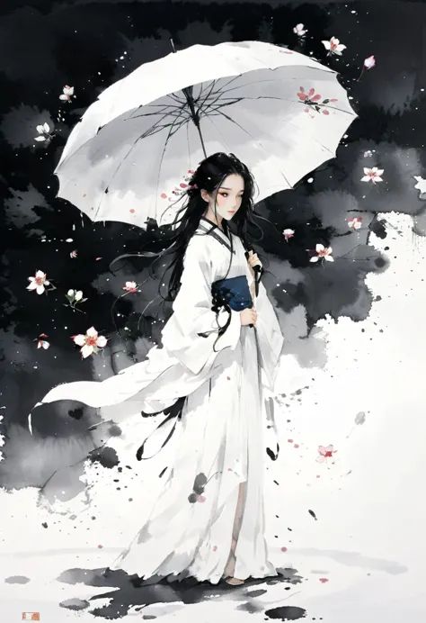 艺术Ink Painting，立体Ink Painting，Minimalism，Minimalism的图形，Minimal Art，Chinese anime girl，whole body，Chinese，，Ink Painting，Umbrella，...