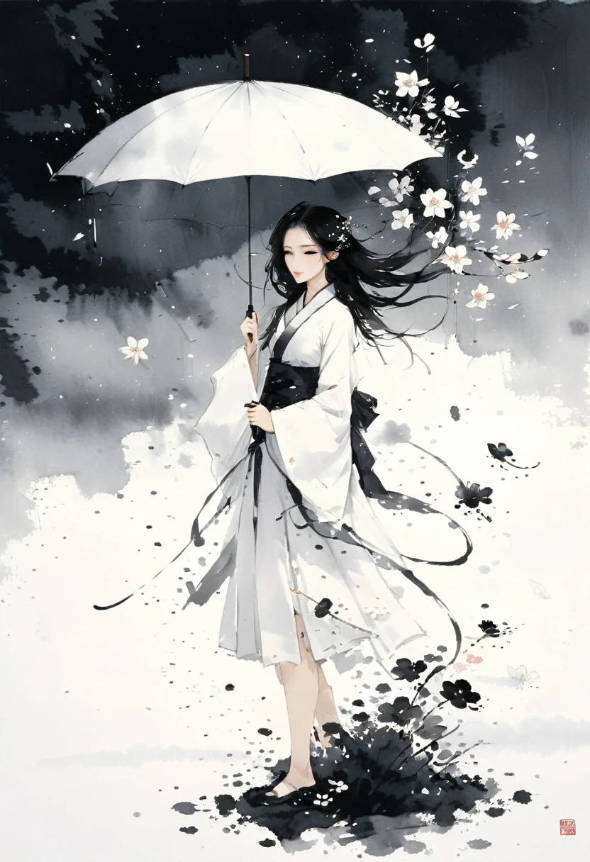 艺术Ink Painting，立体Ink Painting，Minimalism，Minimalism的图形，Minimal Art，Chinese anime girl，whole body，Chinese，，Ink Painting，Umbrella，Falling Flowers，Black long hair，Black and white background，古韵White space，White space，大面积White space，Textured Matte，Low saturation，Minimalism构图，Main Composition