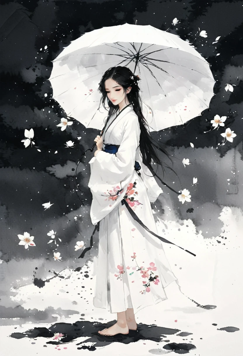 艺术Ink Painting，立体Ink Painting，Minimalism，Minimalism的图形，Minimal Art，Chinese anime girl，whole body，Chinese，，Ink Painting，Umbrella，Falling Flowers，Black long hair，Black and white background，古韵White space，White space，大面积White space，Textured Matte，Low saturation，Minimalism构图，Main Composition