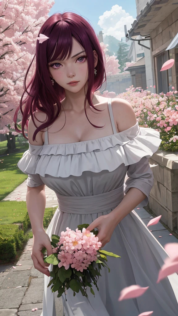 masterpiece, absurdres, hinata\(boruto\), 1girl, solo,mature female, off shoulder floral dress, looking at viewer, (falling petals), perfect composition, detailed lips, big breast, beautiful face, body propotion, blush, (pink lips), long hair,  purple eyes,  soft gaze,  super realistic, detailed, photoshoot, realistic face and body, sexual expression, seductive expression,((big tits))