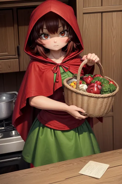 12-year-old girl, brown eyes with a red hooded cape and a green dress in a cartoon style mixed with anime. (inspired by the char...