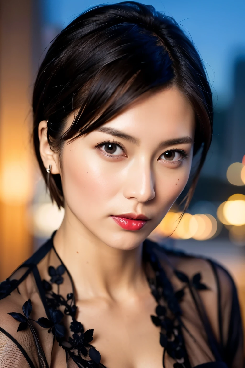 Highest quality, masterpiece, 8K images, super high quality, Photorealistic, Beautiful Japanese Woman, 1 person, Great style, Ultra detailed face, Ultra-detailed skin textures, Ultra detailed hair, Red lipstick, short hair, Gradient Hair, Ultra-detailed eyes, Ultra detailed nose, Kind eyes, Downtown at night, Rough shirt, (View your viewers), 