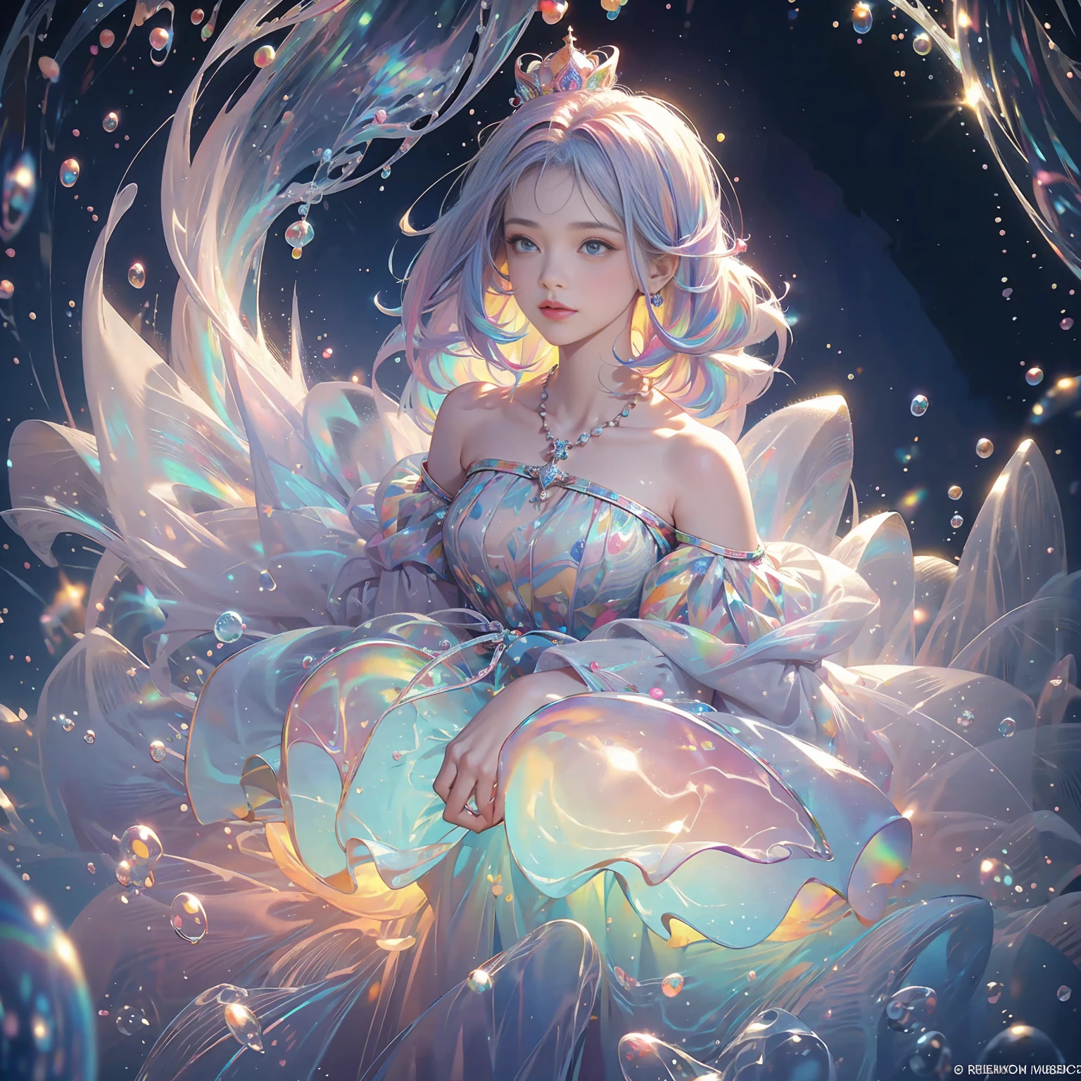 masterpiece, Highest quality, Intricate details, Excellent anatomy、beautiful girl, Sparkling eyes, Otherworldly liquid fantasy background, watercolor, Bright and vibrant colors, Whimsical, colorful, Layered tiered puffy long sleeve ball gown, ((Rainbow bubbles))