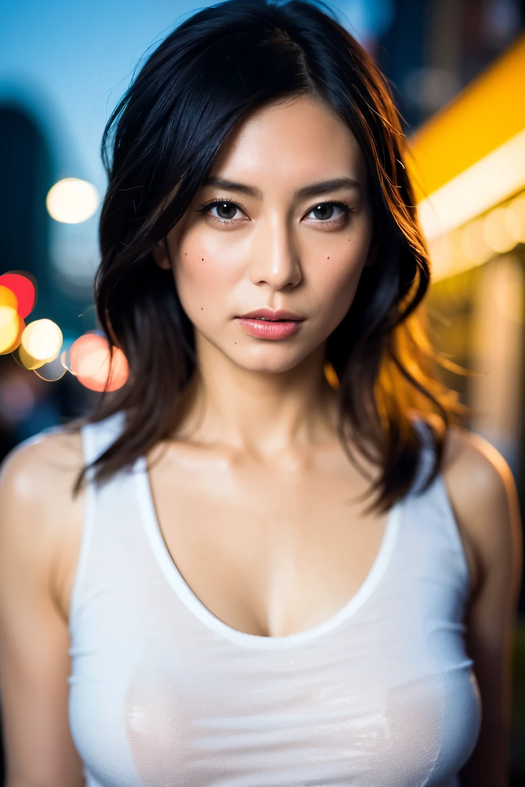 Highest quality, masterpiece, 8K images, super high quality, Photorealistic, Beautiful Japanese Woman, 1 person, Great style, Ultra detailed face, Ultra-detailed skin textures, Ultra detailed hair, Red lipstick, short hair, Gradient Hair, Ultra-detailed eyes, Ultra detailed nose, Kind eyes, Downtown at night, Rough T-shirt, Breast enlargement, (View your viewers)