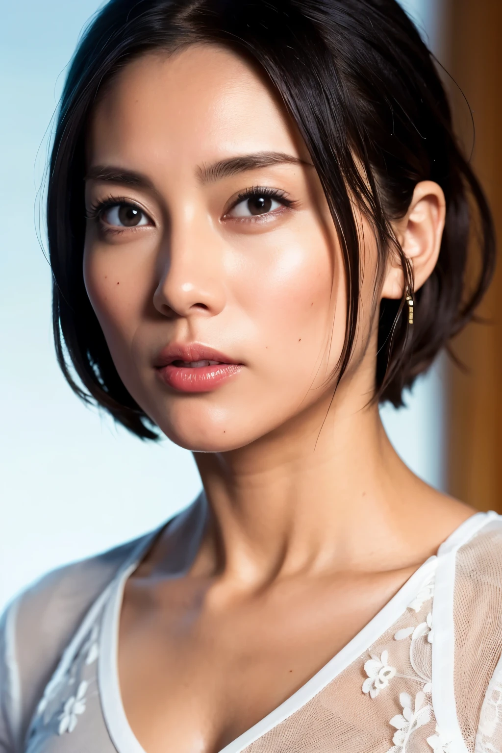 Highest quality, masterpiece, 8K images, super high quality, Photorealistic, Beautiful Japanese Woman, 1 person, Great style, Ultra detailed face, Ultra-detailed skin textures, Ultra detailed hair, Red lipstick, short hair, Gradient Hair, Ultra-detailed eyes, Ultra detailed nose, Kind eyes, Downtown at night, Rough V-neck shirt, Breast enlargement, (View your viewers)