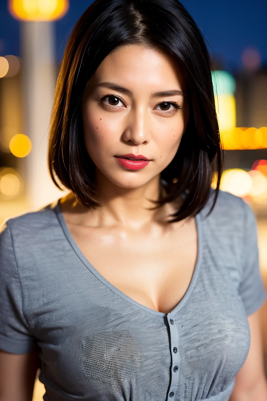 Highest quality, masterpiece, 8K images, super high quality, Photorealistic, Beautiful Japanese Woman, 1 person, Great style, Ultra detailed face, Ultra-detailed skin textures, Ultra detailed hair, Red lipstick, short hair, Gradient Hair, Ultra-detailed eyes, Ultra detailed nose, Kind eyes, Downtown at night, Rough V-neck shirt, Breast enlargement, (View your viewers)