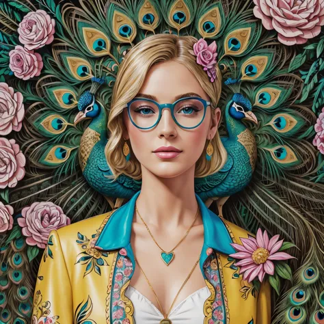 ((masterpiece, high quality, well-drawn details, 4k)) a 30-year-old blonde woman with a beautiful peacock, a watercolor drawing ...