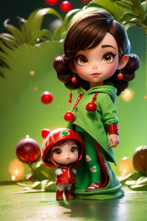 12 year old girl, brown eyes and brown hair with a red hooded cape and a green dress in a cartoon style mixed with anime. (inspi...