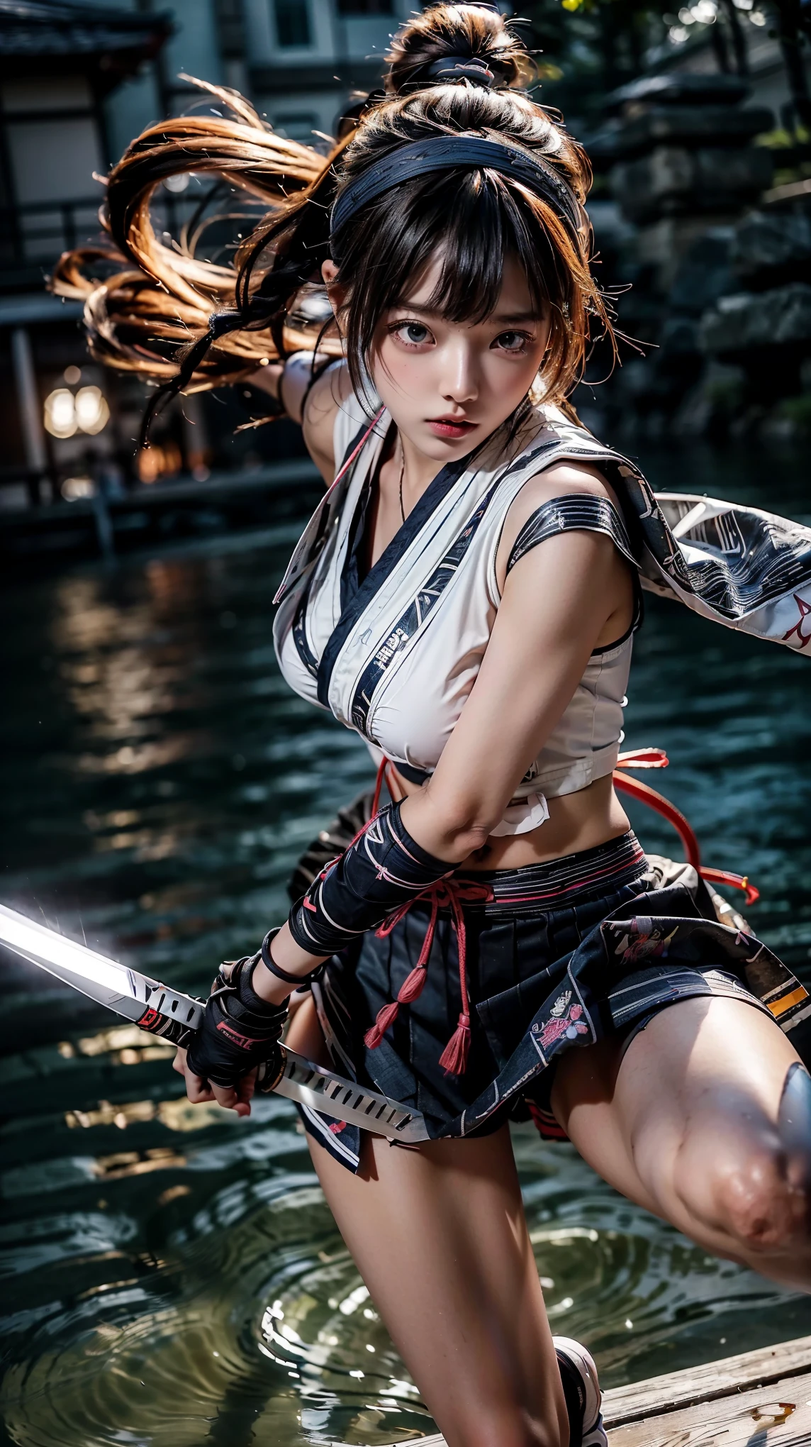 (Ultra HD, Highest quality, High resolution, Hyperrealistic, super beautiful), 24000dpi, Beautiful woman, high school girl, Long Tail, Headband, Well-formed eyes, Eyesight max, 18-year-old, Alluring, Completely American, perfect body, E cup breasts, Physical Beauty, ((Japanese Sailor Suit:1.3, serafuku, Japanese style mini skirt)), (((hold, Electric Japanese Sword, Ancient Scabbard))), (Blue Lightning), Charge Move, ((Special move position)), All in one, Absurd, (((Anatomically correct))), whole body