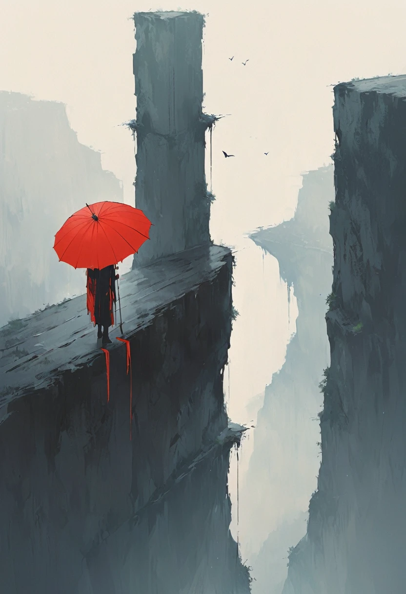 Eine einfache,Minimalistische Illustration, 1 roter Regenschirm hängt in der Luft,Quasten an Regenschirmen,Einsame Figur,Am Rande einer Klippe,Brücke