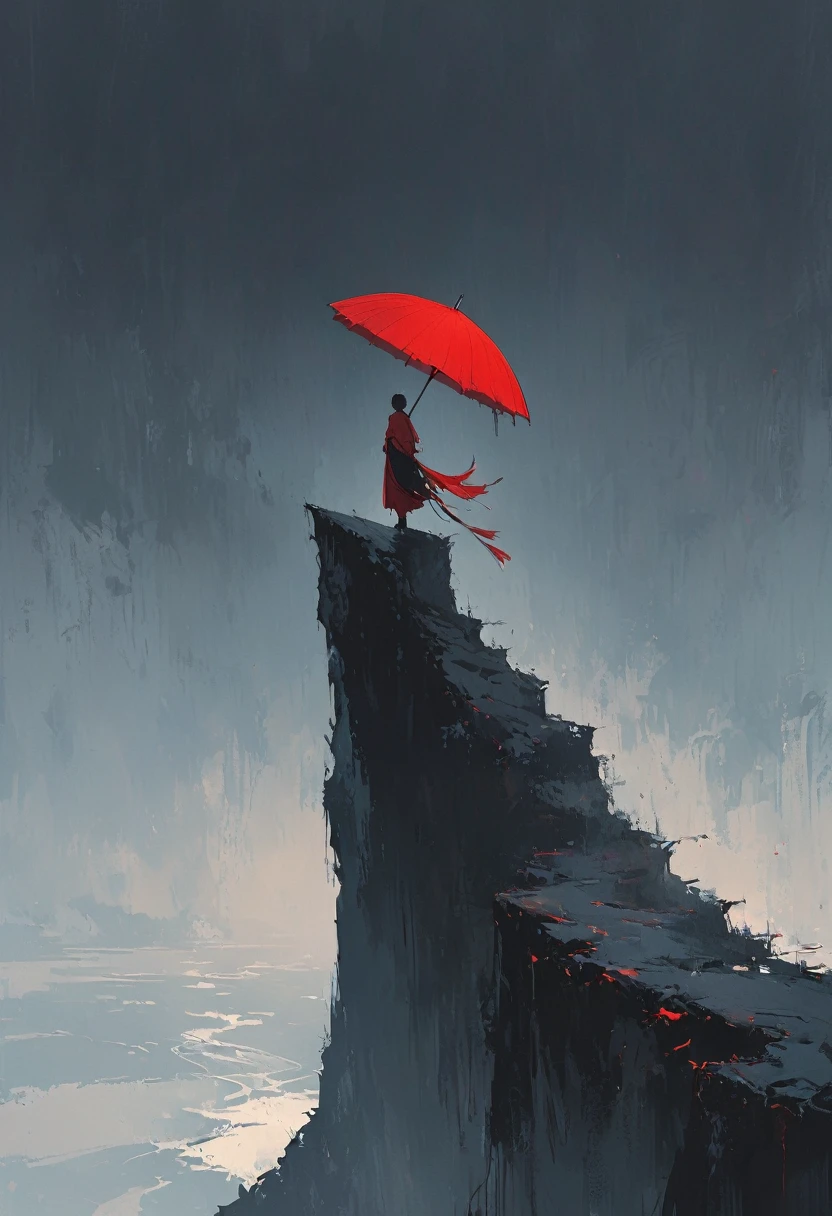 A simple one,Minimalist illustration, 1 red umbrella hanging in the air,Tassels on umbrellas,solitary figure,On the edge of a cliff,bridge