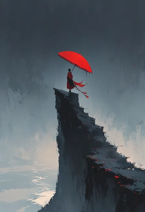 A simple one,Minimalist illustration, 1 red umbrella hanging in the air,Tassels on umbrellas,solitary figure,On the edge of a cl...