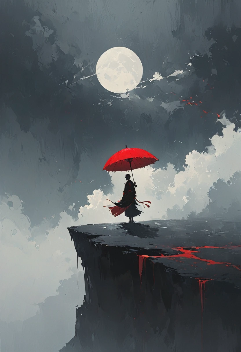 Eine einfache,Minimalistische Illustration, 1 roter Regenschirm hängt in der Luft,Quasten an Regenschirmen,Einsame Figur,Am Rande einer Klippe,Brücke