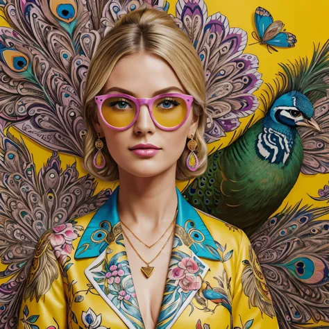 ((masterpiece, high quality, well-drawn details, 4K)) a 30-year-old blonde woman with a beautiful peacock, a watercolor drawing ...