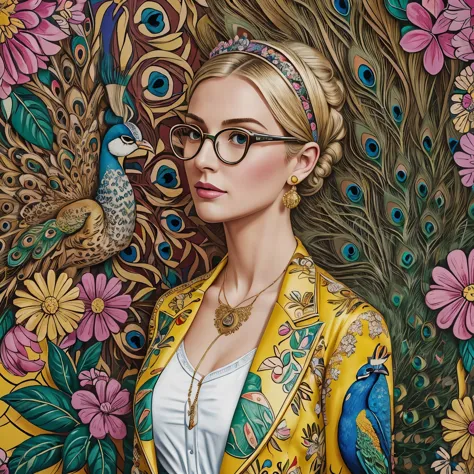 ((masterpiece, high quality, well-drawn details, 4k)) a 30-year-old blonde woman with a beautiful peacock, a watercolor drawing ...