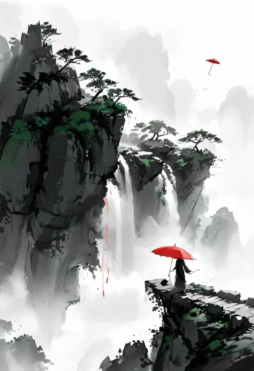 A simple one,Minimalist illustration, 1 red umbrella hanging in the air,Tassels on umbrellas,solitary figure,On the edge of a cliff,bridge