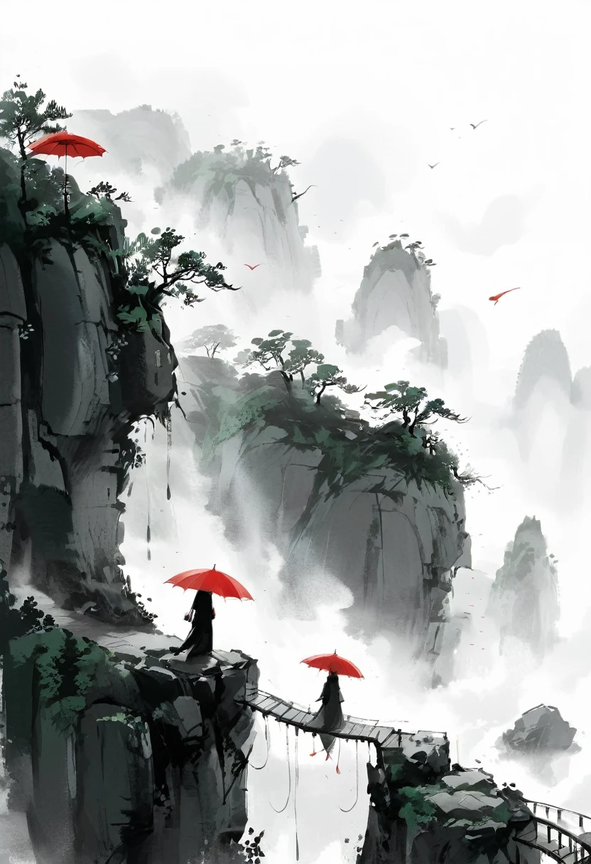 A simple one,Minimalist illustration, 1 red umbrella hanging in the air,Tassels on umbrellas,solitary figure,On the edge of a cliff,bridge