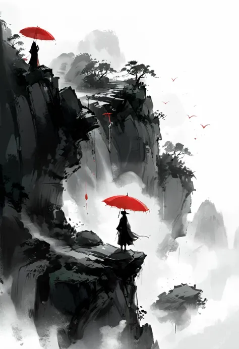 A simple one,Minimalist illustration, 1 red umbrella hanging in the air,Tassels on umbrellas,solitary figure,On the edge of a cl...