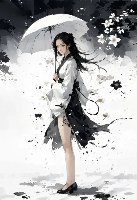 艺术Ink Painting，立体Ink Painting，Minimalism，Minimalism的图形，Minimal Art，Chinese anime girl，whole body，Chinese，，Ink Painting，Umbrella，...