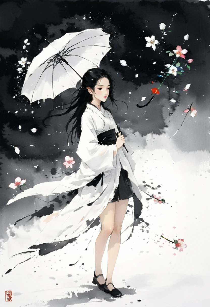 艺术Ink Painting，立体Ink Painting，Minimalism，Minimalism的图形，Minimal Art，Chinese anime girl，whole body，Chinese，，Ink Painting，Umbrella，Falling Flowers，Black long hair，Black and white background，古韵White space，White space，大面积White space，Textured Matte，Low saturation，Minimalism构图，Main Composition