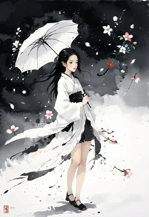 艺术ink painting，立体ink painting，minimalism，minimalism的图形，minimal art，chinese anime girl，whole body，chinese，，ink painting，umbrella，...