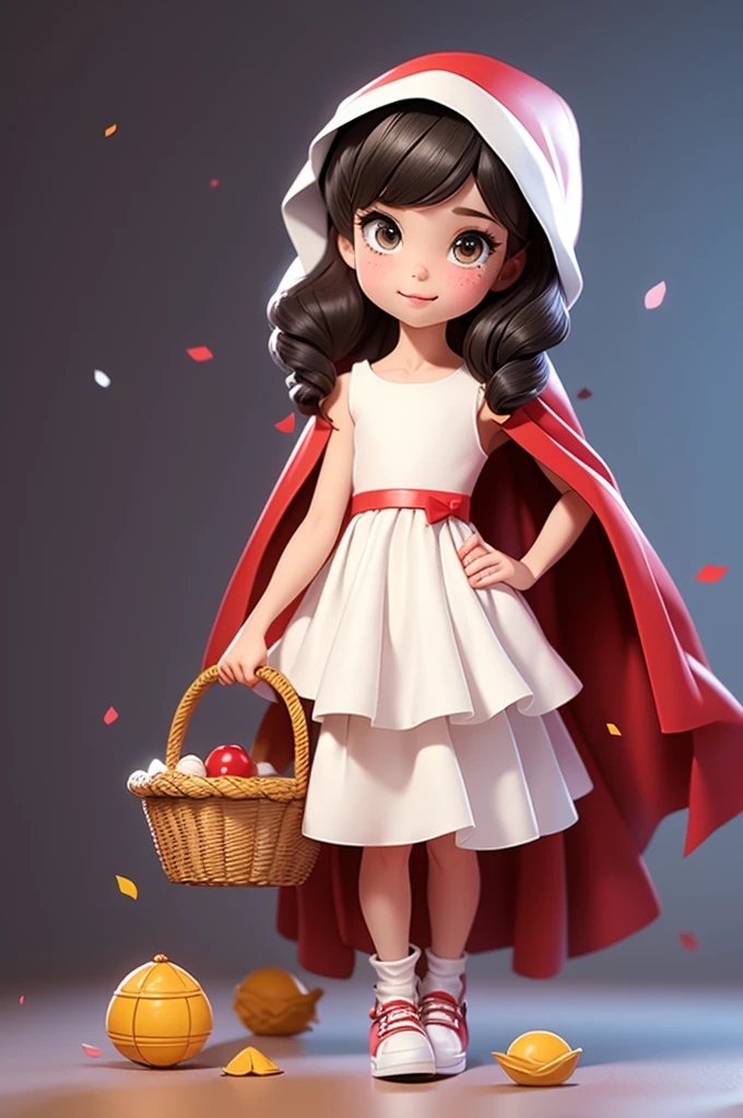 8 year old girl, wearing a red cape hood and white dress, carrying a basket.