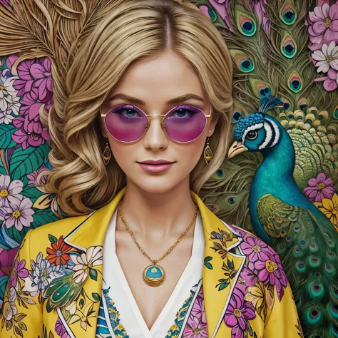 ((masterpiece, high quality, well-drawn details, 4k)) a 30-year-old blonde woman with a beautiful peacock, a watercolor drawing ...