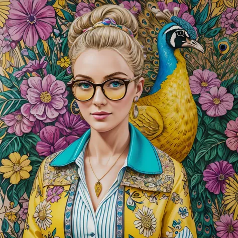 ((masterpiece, high quality, well-drawn details, 4k)) a 30-year-old blonde woman with a beautiful peacock, a watercolor drawing ...