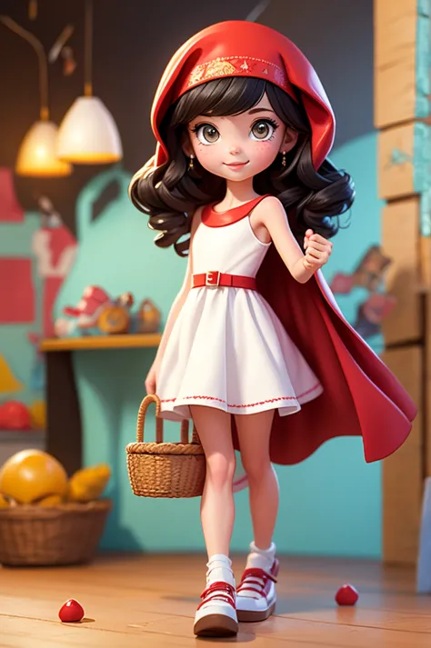 8 year old girl, wearing a red cape hood and white dress, carrying a basket.