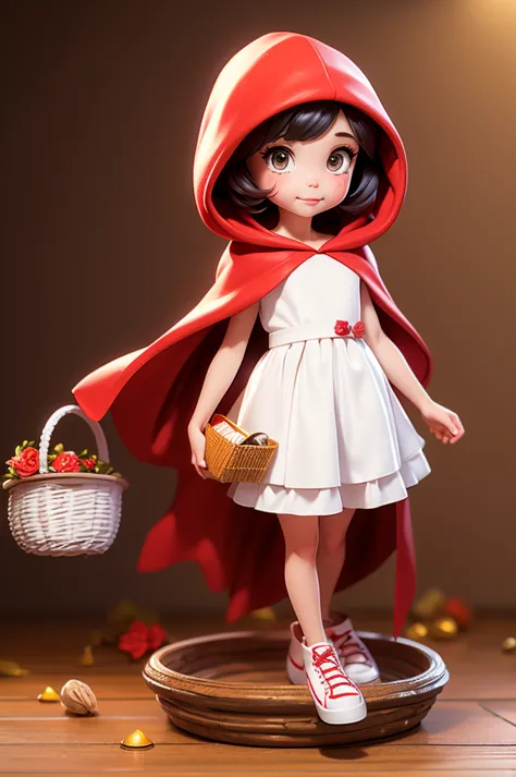 8 year old girl, wearing a red cape hood and white dress, carrying a basket.