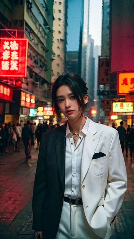 portrait, tech noir, calm cyberpunk style,  Tattoo on hand, white shirt, black suit, masterpiece, best quality, RAW photo, felix englund style, SIGMA 50mm F1.4, leica_style, candytt, hong kong in the background