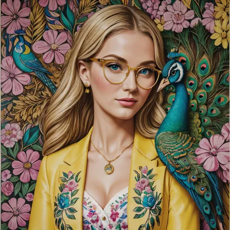 ((masterpiece, high quality, well-drawn details, 4k)) a 30-year-old blonde woman with a beautiful peacock, a watercolor drawing ...