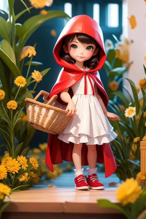 8 year old girl, wearing a red cape hood and white dress, carrying a basket.