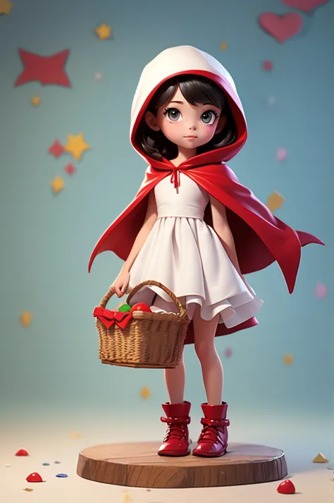 8 year old girl, wearing a red cape hood and white dress, carrying a basket.