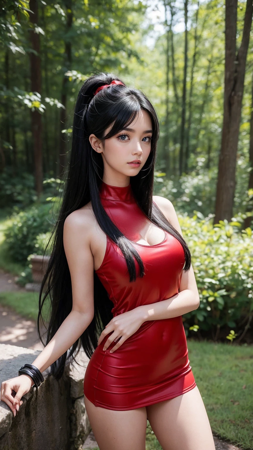 female, black hair, 1980s (style), red sleeveless dress, long hair, league of legends nidalee