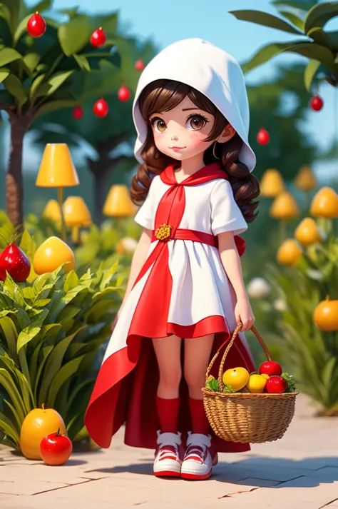 8 year old girl, wearing a red cape hood and white dress, carrying a basket with fruit.