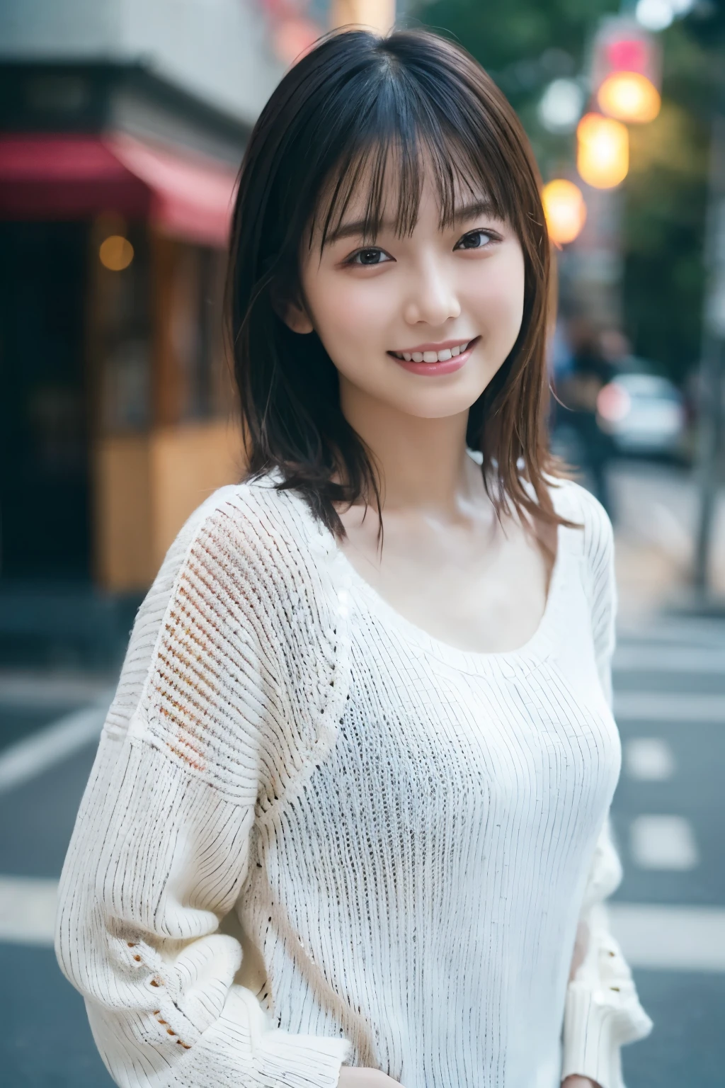 1 Girl, (Wearing a white summer sweater:1.2), Very beautiful Japanese idol portraits, 
(RAW Photos, Highest quality), (Realistic, Realistic:1.4), (masterpiece), 
Very delicate and beautiful, Very detailed, 2k wallpaper, wonderful, finely, Very detailed CG Unity 8K 壁紙, Very detailed, High resolution, Soft Light, 
Beautiful detailed girl, Very detailed目と顔, Beautiful and sophisticated nose, finelyて美しい目, Cinema Lighting, 
(I am doing gravure shoots for fashion magazines.:1.3), (outdoor),
(Medium Hair), 
Complete Anatomy, Slender body, Small breasts, smile