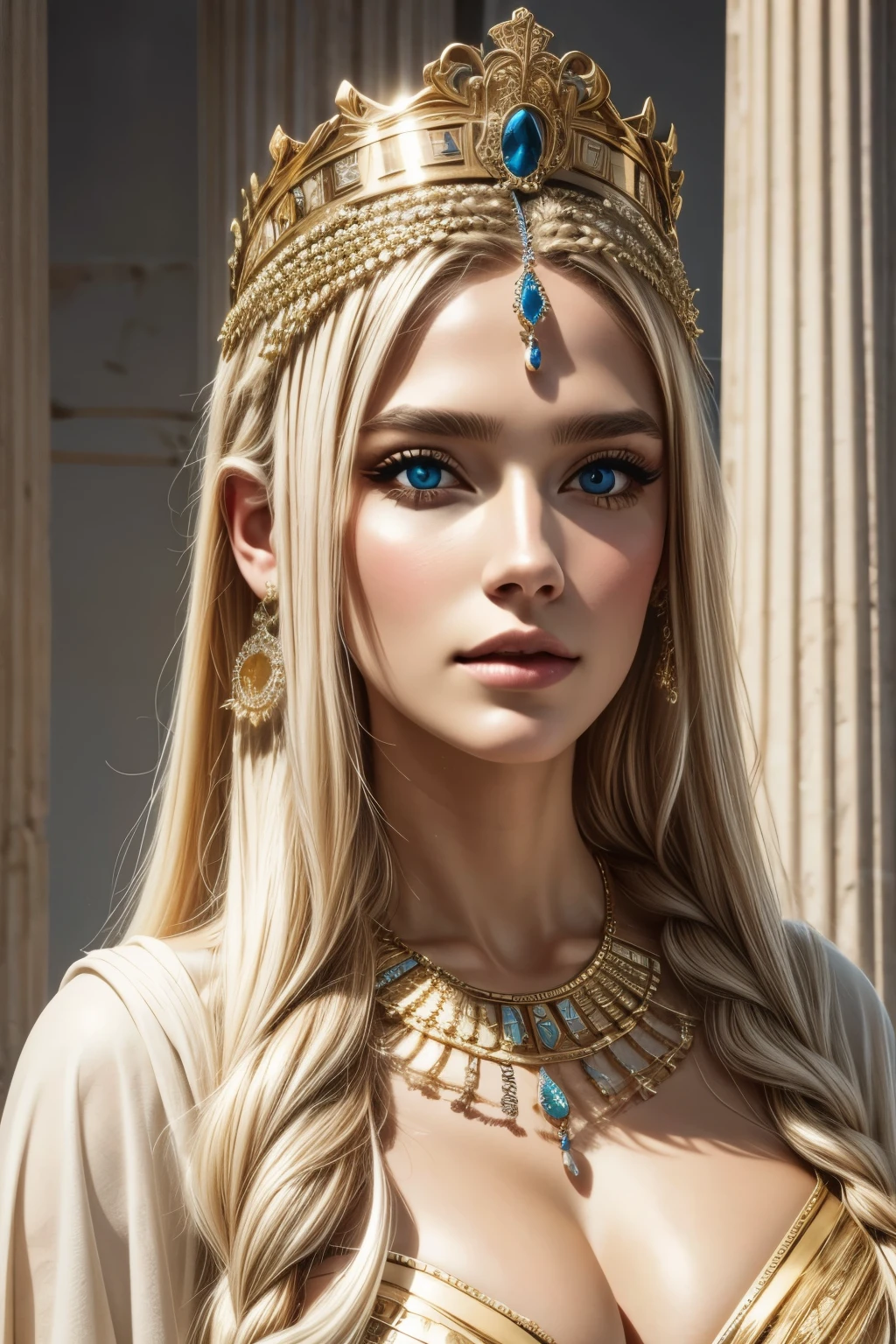 Imagine the most beautiful queen of ancient Greece, with a beautiful face and body, spectacular body, facing the viewer, full body costume inspired by Cleopatra, details in very elegant stones, gold and white color, crown in her hair, lighting cinematography, perfect framing, (stanley cubrik) ultra-realistic, photorealistic, perfect details, well-defined face, award-winning photography