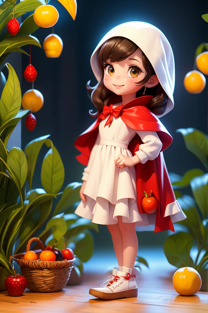 8 year old girl, wearing a red cape hood and white dress, carrying a basket with fruit.