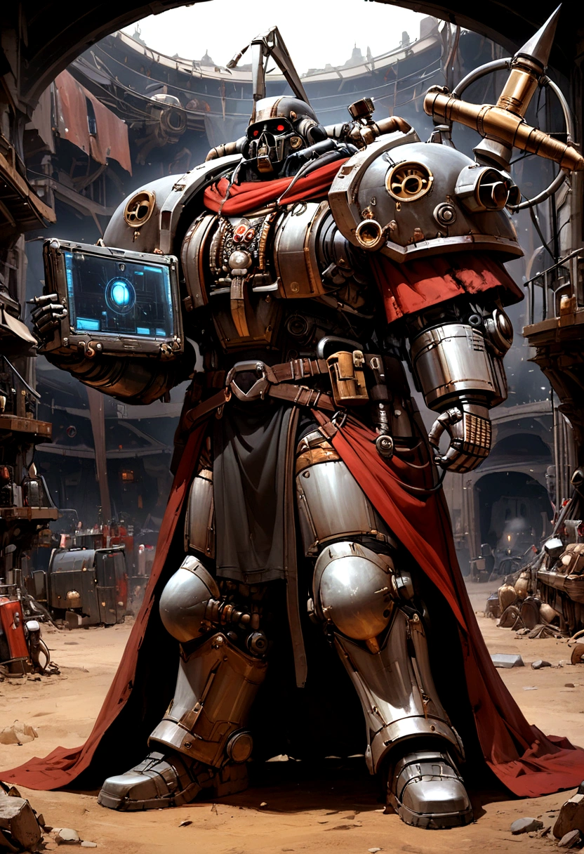 The resulting artwork is of Tech from Star Wars: The Bad Batch, reimagined for the Warhammer 40,000 universe. Depict him as a venerable Tech Priest of the Adeptus Mechanicus, standing at full height. He should be dressed in traditional Christmas regalia, adorned with arcane symbols and creative circuitry. His bionic enhancements should be the sleek, playful tech of Star Wars with the gothic, baroque style of Warhammer 40K. He holds a holographic laptop in one hand, its glowing blue interface contrasting with the dark, grim surroundings. Include elements such as servo arms, manipulators, jagged motifs, and a mechanical staff. The background should evoke a dark, industrial forge world, with towering manufactories and the ever-present glow of forge fires. An overall dark and imposing atmosphere, reflecting the essence of both universes.