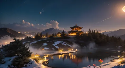 chinese scenery, ((hot spring)), (blizzard), (firefly), (paper kite), (midnight), (moon), hilltop shrine, ((flower)), beautiful ...