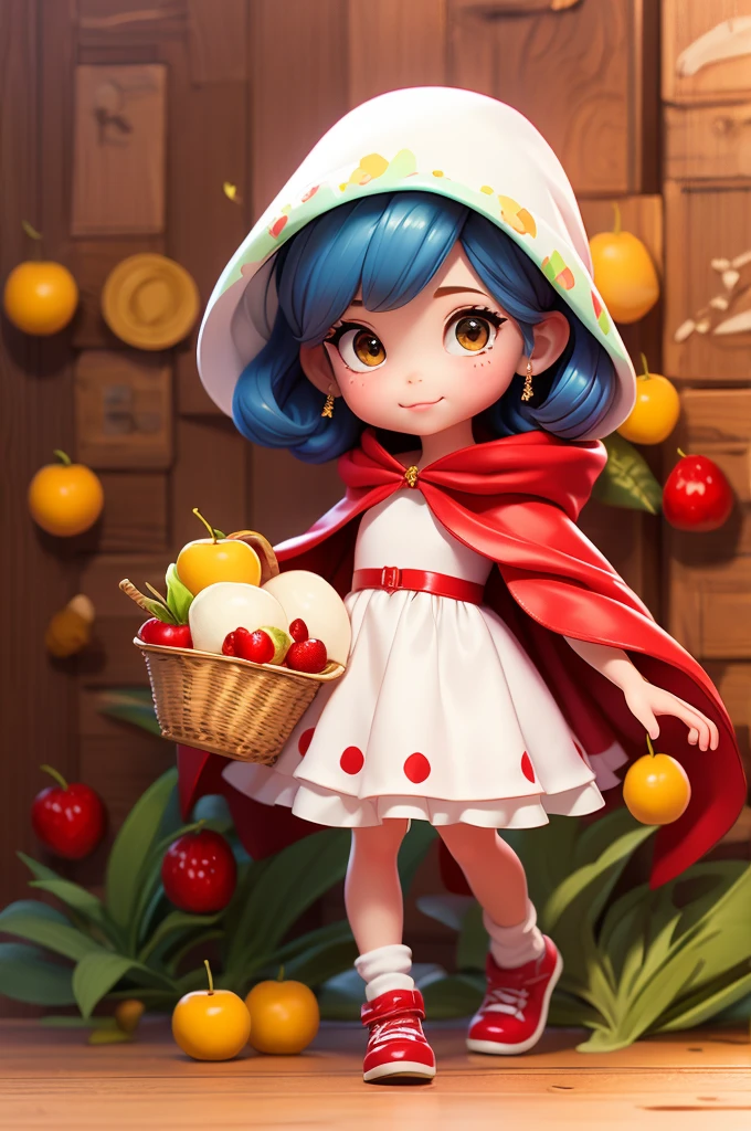 8 year old girl, wearing a red cape hood and white dress, carrying a basket with fruit.