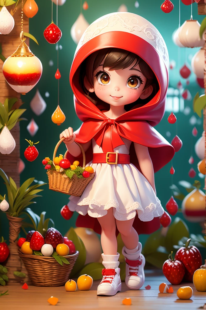 8 year old girl, wearing a red cape hood and white dress, carrying a basket with fruit.