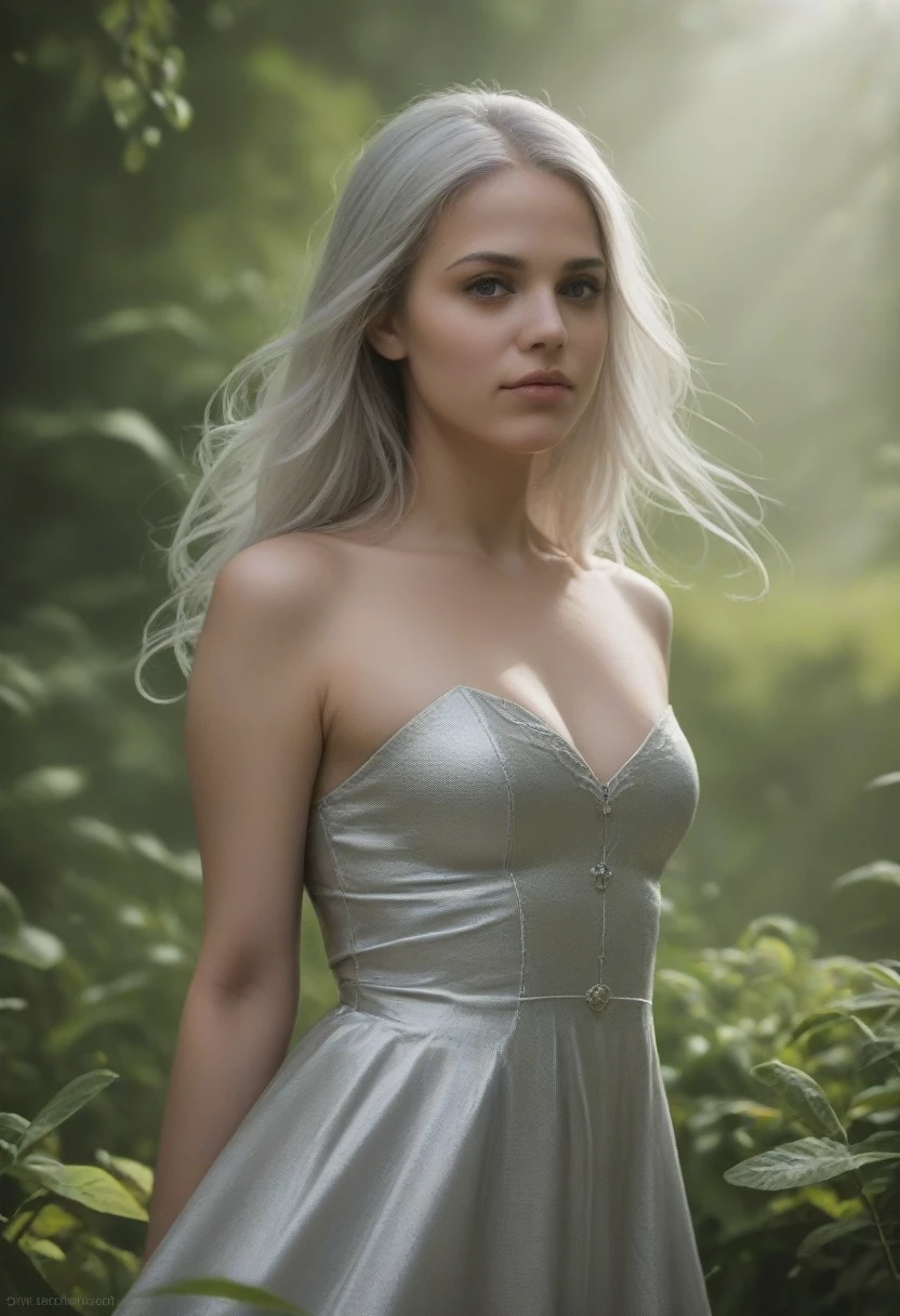 a beautiful woman with long silver white hair,piercing violet eyes,detailed face,pale skin,high cheekbones,delicate features,wearing a flowing silver dress,standing in a serene meadow with lush green grass and wildflowers,sunlight streaming through the trees,an air of grace and elegance,(best quality,8k,highres,masterpiece:1.2),ultra-detailed,(realistic,photorealistic,photo-realistic:1.37),digital painting,cinematic lighting,dramatic colors,fantasy,portrait
